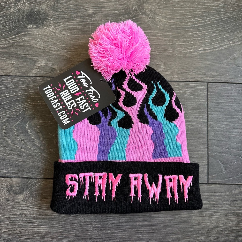 “STAY AWAY” POM BEANIE